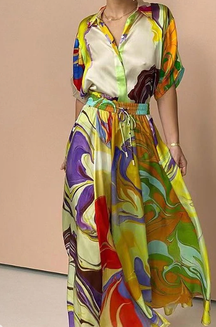 Anna Printed Satin Blouse Set