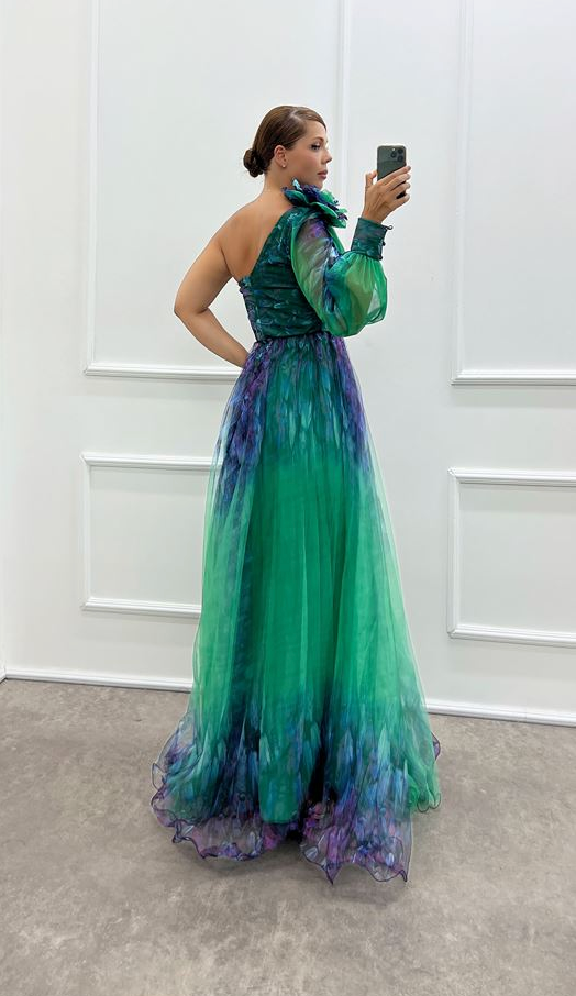 Judith - Trendy One Shoulder Mesh Print Maxi Dress