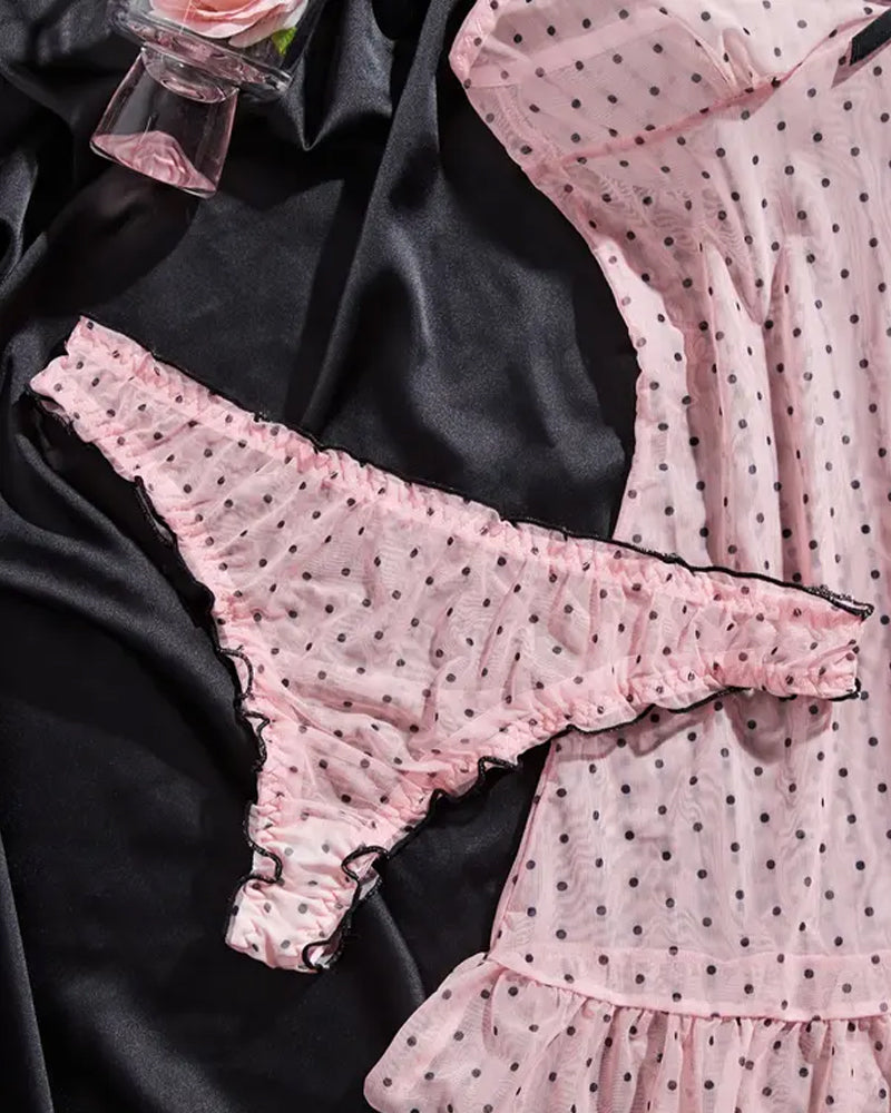 Conjunto de Camisón con Tirantes y Estampado de Lunares Semitransparente – Escote en V