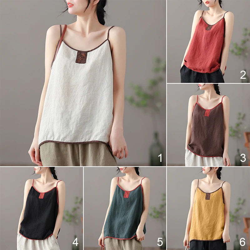 blusa de lino y algodón para mujer, estilo vintage Harajuku, elegantes, con bordado, sin mangas, con tirantes