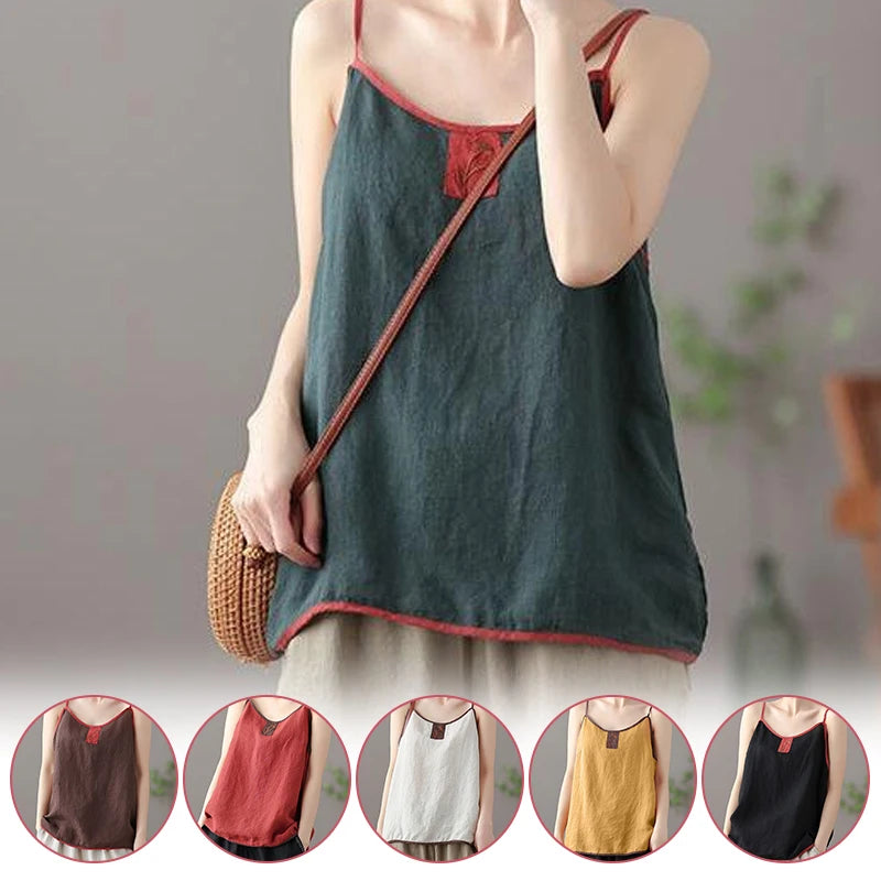 blusa de lino y algodón para mujer, estilo vintage Harajuku, elegantes, con bordado, sin mangas, con tirantes