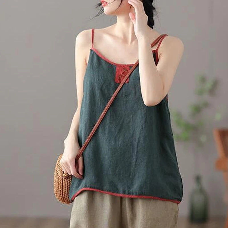 blusa de lino y algodón para mujer, estilo vintage Harajuku, elegantes, con bordado, sin mangas, con tirantes