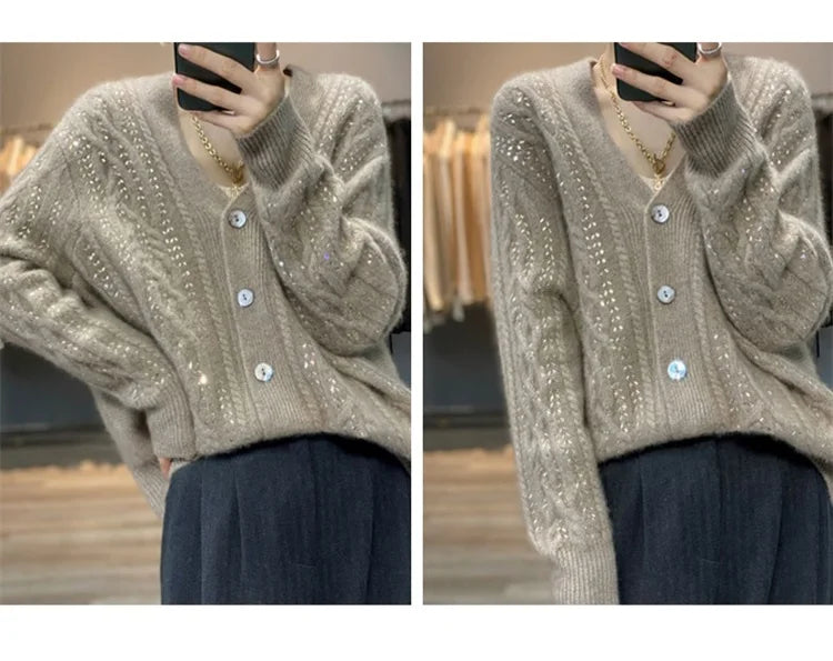 Cárdigan de cachemira , cuello en V, color liso