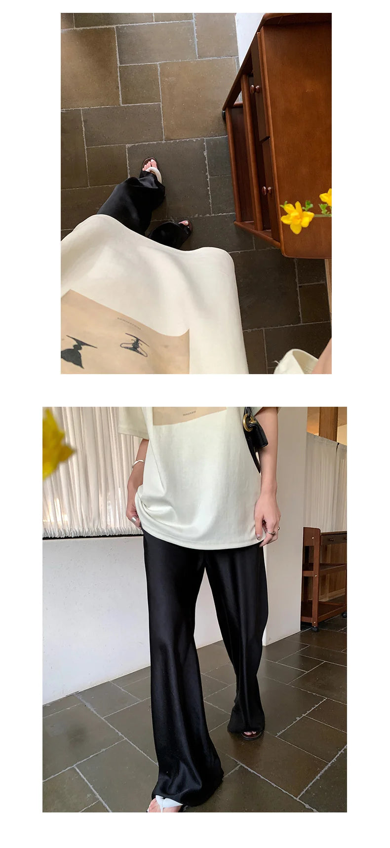 Calça feminina longa e ampla de cetim, estilo casual, ideal para o verão.