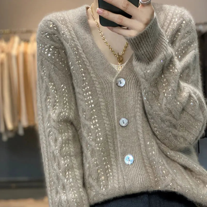 Cárdigan de cachemira , cuello en V, color liso