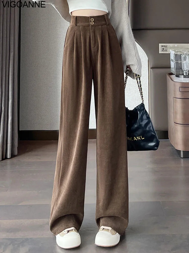 Pantalones anchos de terciopelo marrón casuales VigoAnne 2025