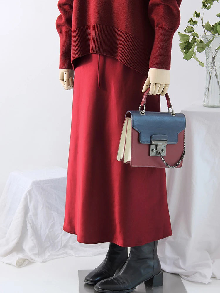 Falda larga de satén negro, ideal para trabajo