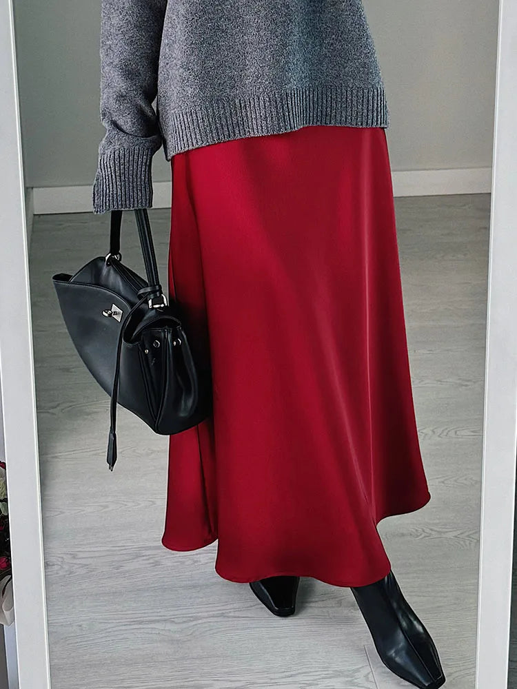 Falda larga de satén negro, ideal para trabajo