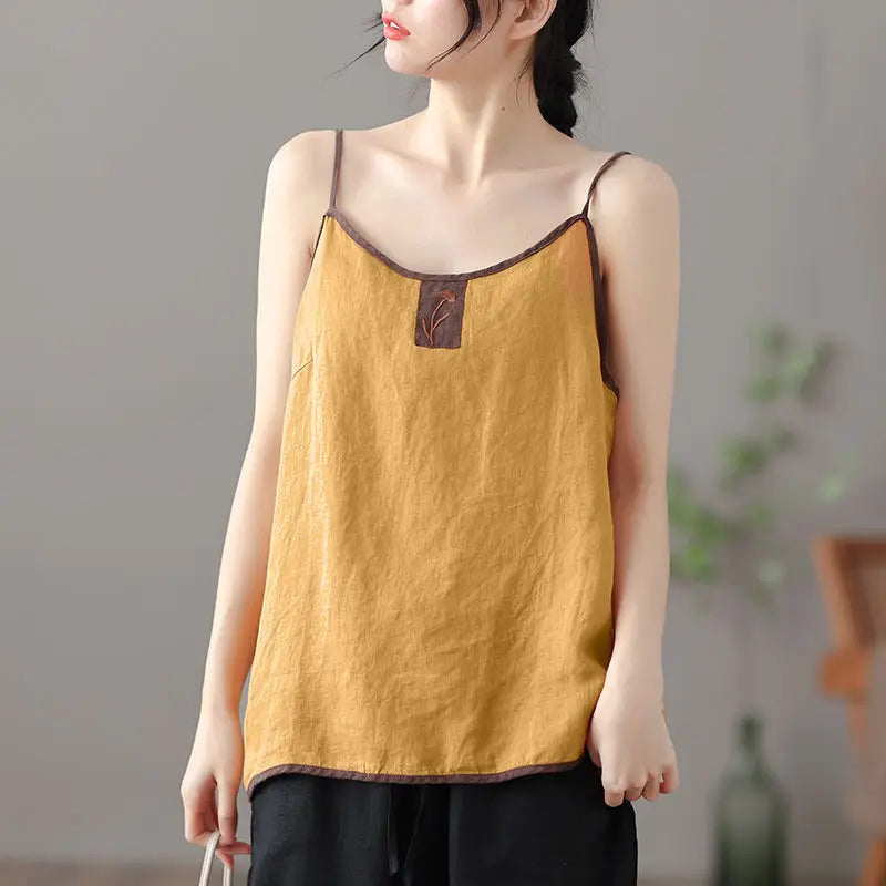 blusa de lino y algodón para mujer, estilo vintage Harajuku, elegantes, con bordado, sin mangas, con tirantes