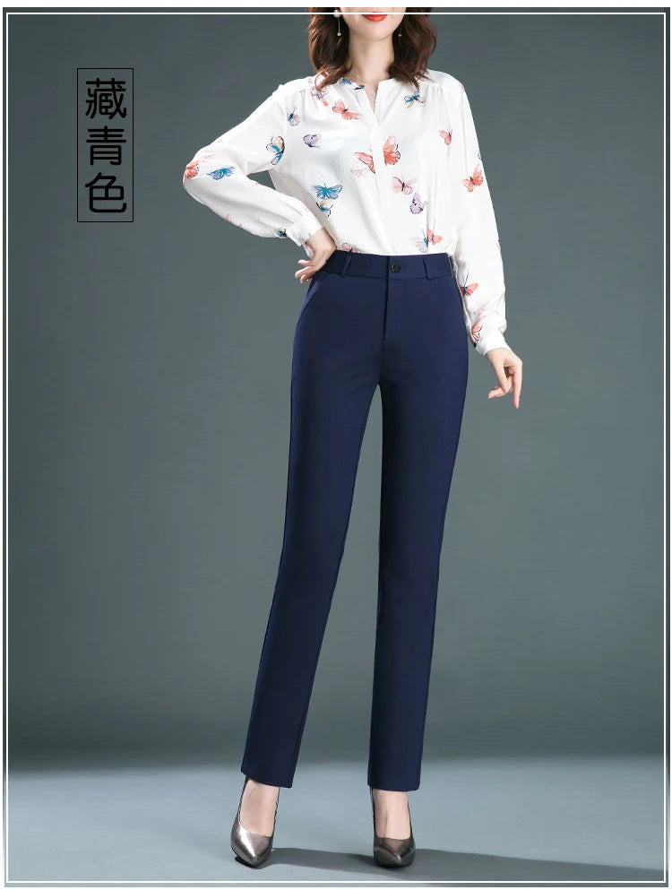 Pantalones rectos finos de cintura alta con elástico