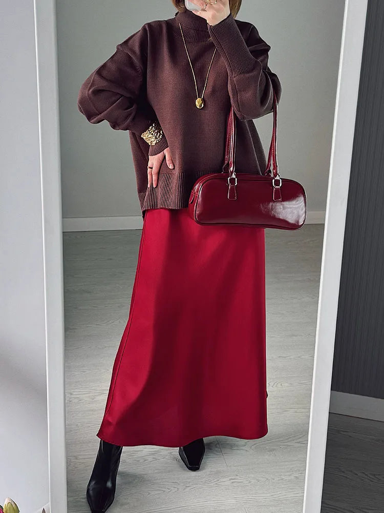 Falda larga de satén negro, ideal para trabajo