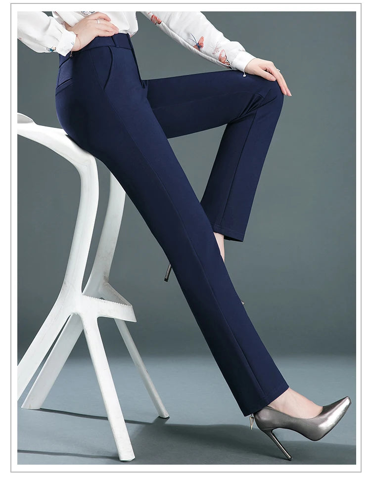 Pantalones rectos finos de cintura alta con elástico