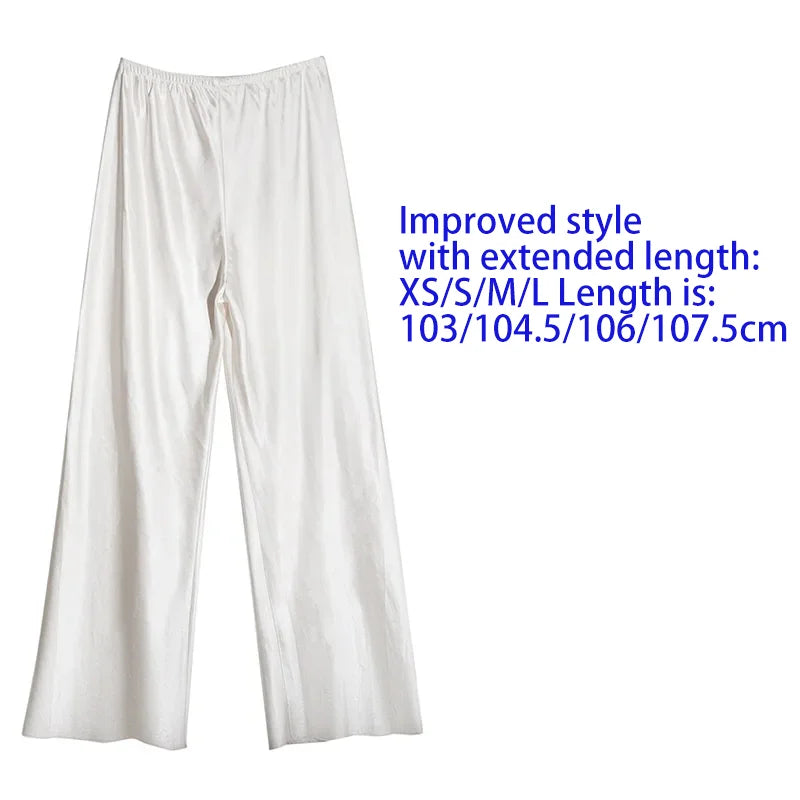 Calça feminina longa e ampla de cetim, estilo casual, ideal para o verão.