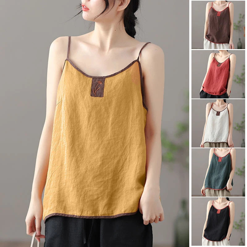 blusa de lino y algodón para mujer, estilo vintage Harajuku, elegantes, con bordado, sin mangas, con tirantes