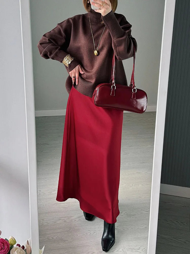 Falda larga de satén negro, ideal para trabajo