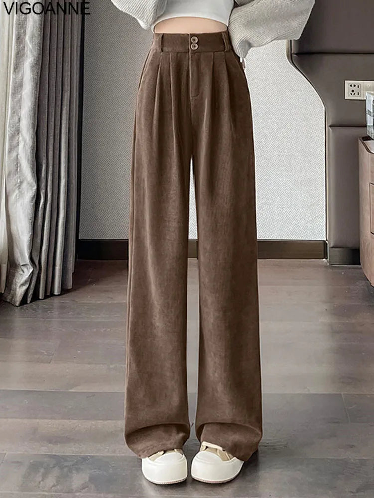 Pantalones anchos de terciopelo marrón casuales VigoAnne 2025