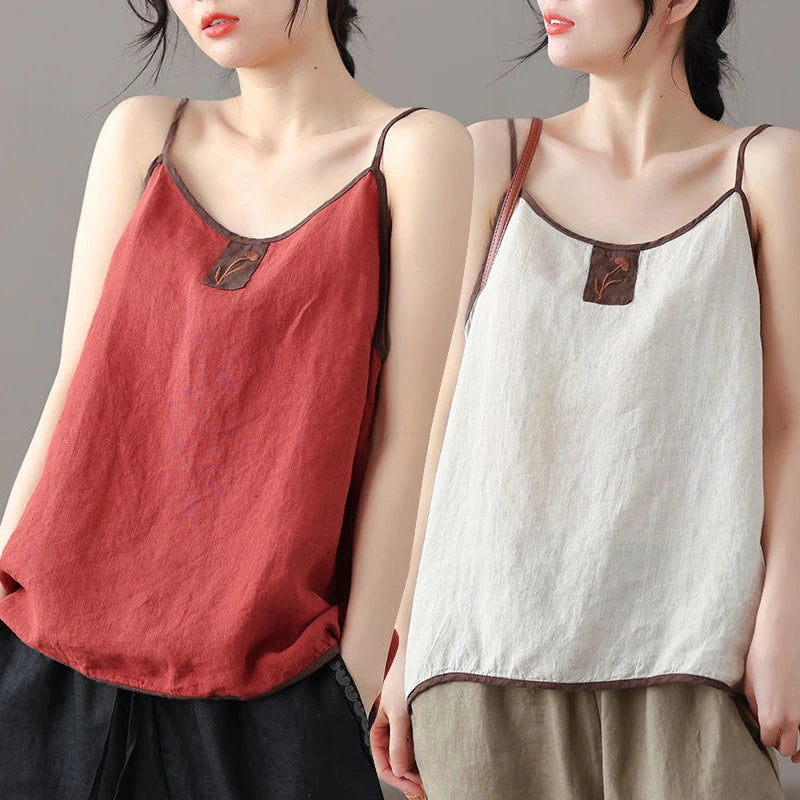 blusa de lino y algodón para mujer, estilo vintage Harajuku, elegantes, con bordado, sin mangas, con tirantes