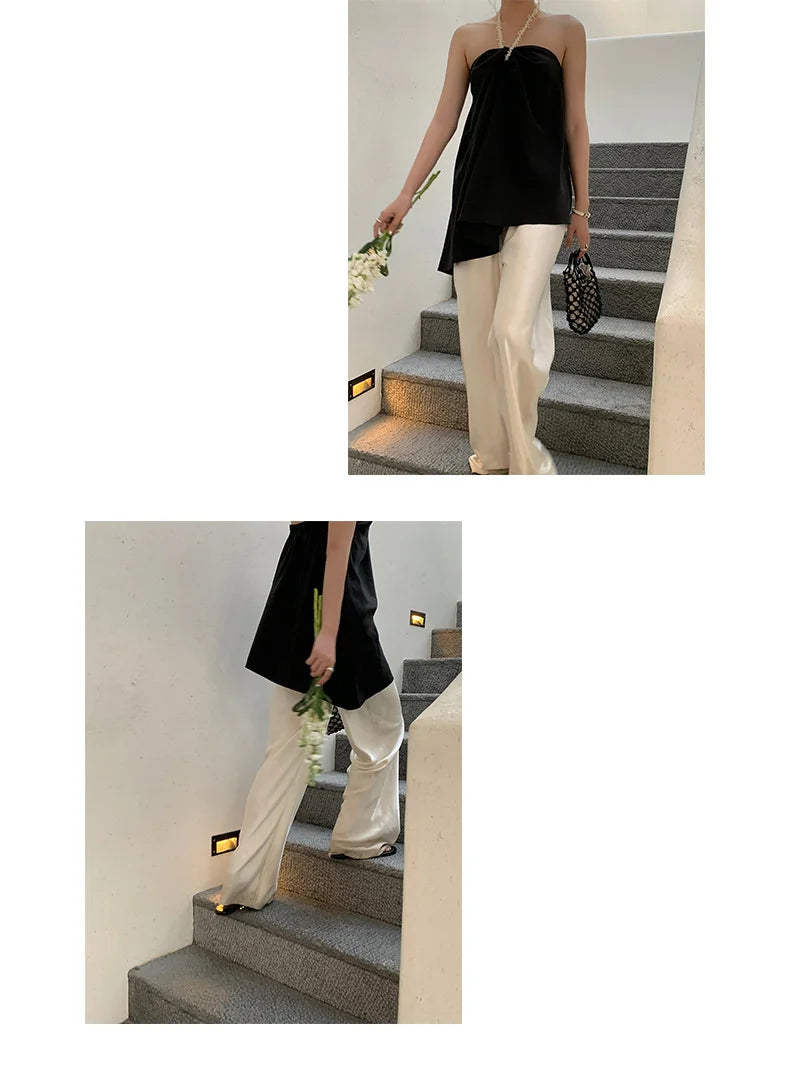 Calça feminina longa e ampla de cetim, estilo casual, ideal para o verão.