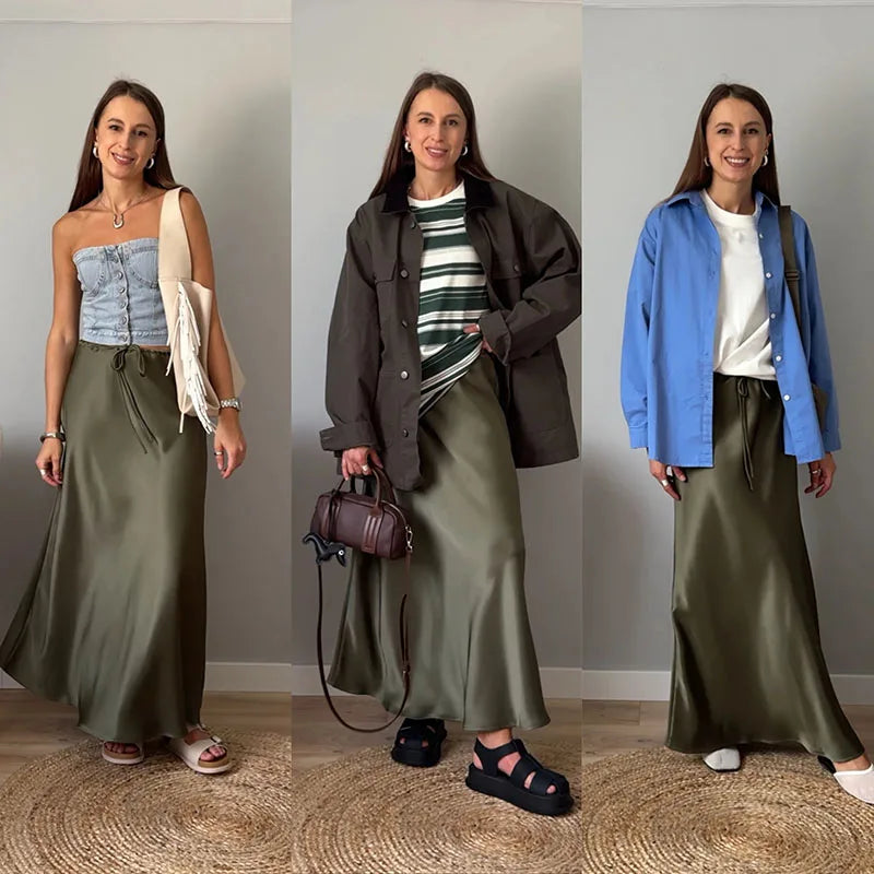 Falda larga de satén negro, ideal para trabajo