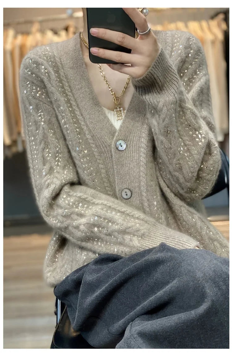 Cárdigan de cachemira , cuello en V, color liso