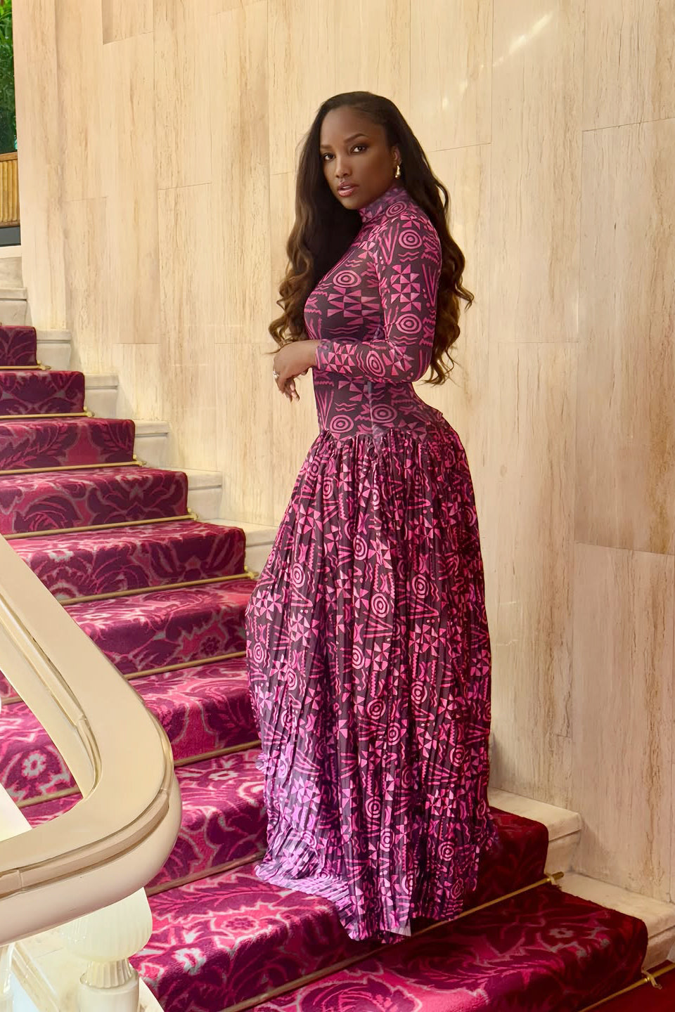 Geometric Print High Neck Maxi Dress