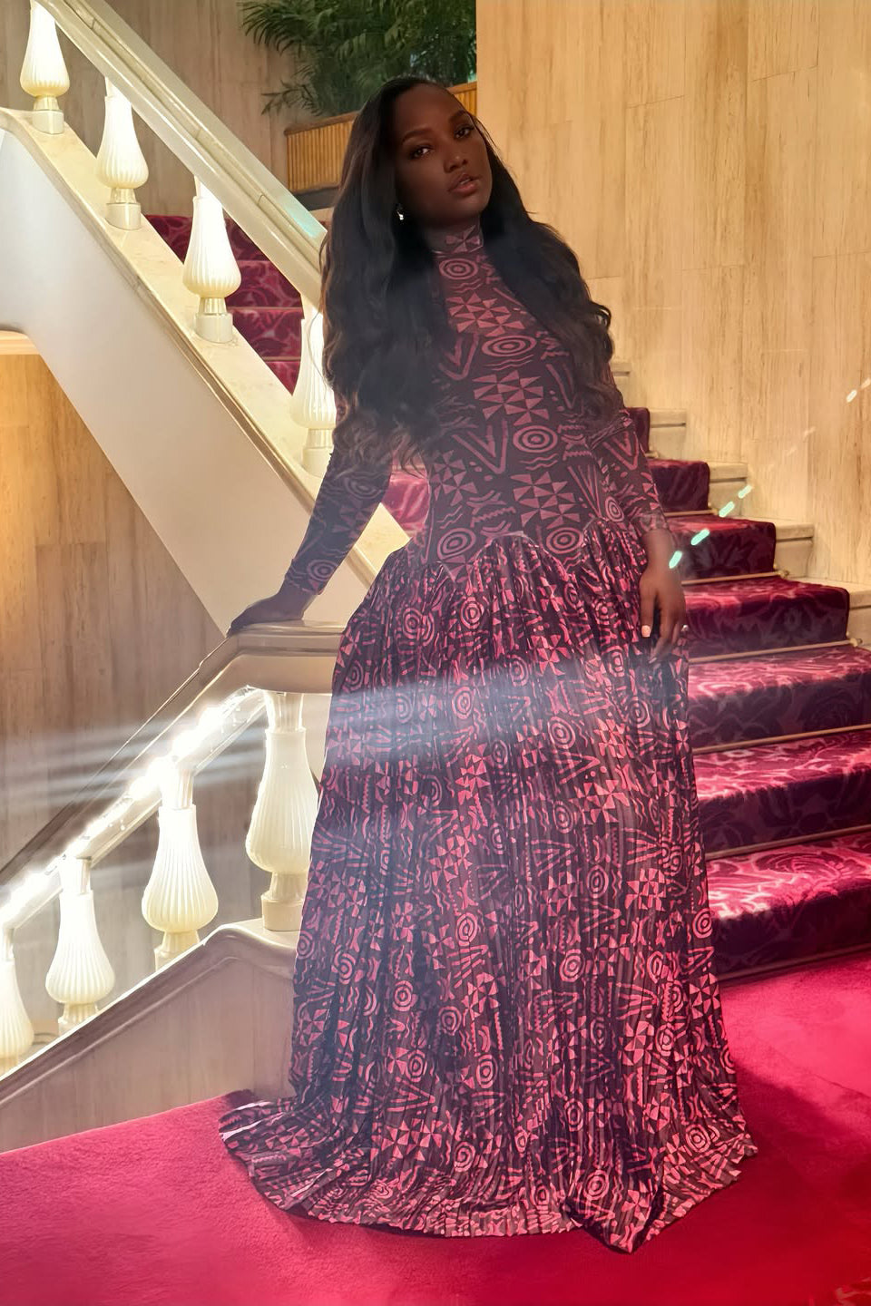 Geometric Print High Neck Maxi Dress