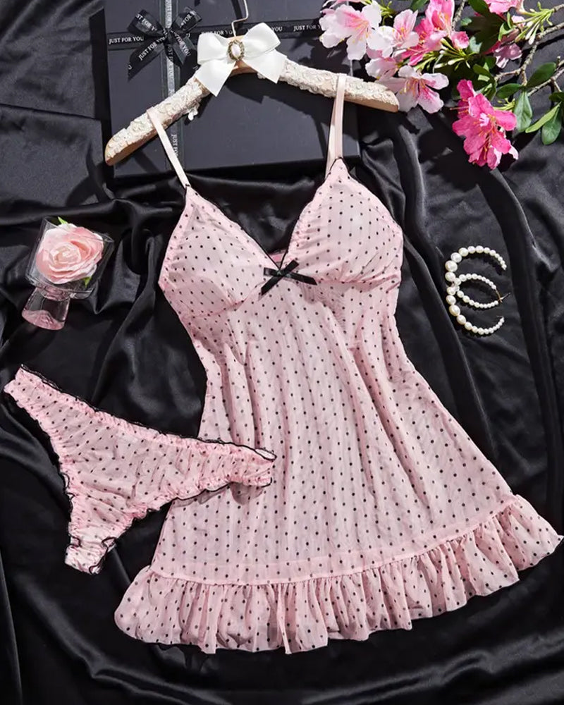 Conjunto de Camisón con Tirantes y Estampado de Lunares Semitransparente – Escote en V