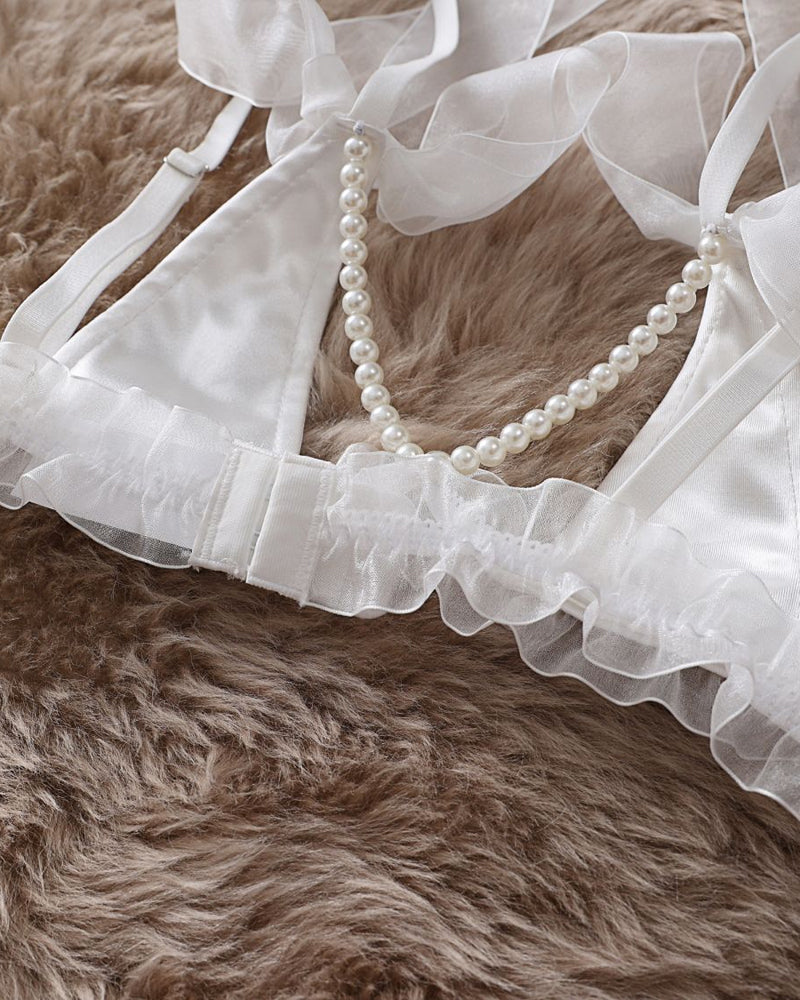 Lace Mesh Bow Tie Pearl Decoration Lingerie Set