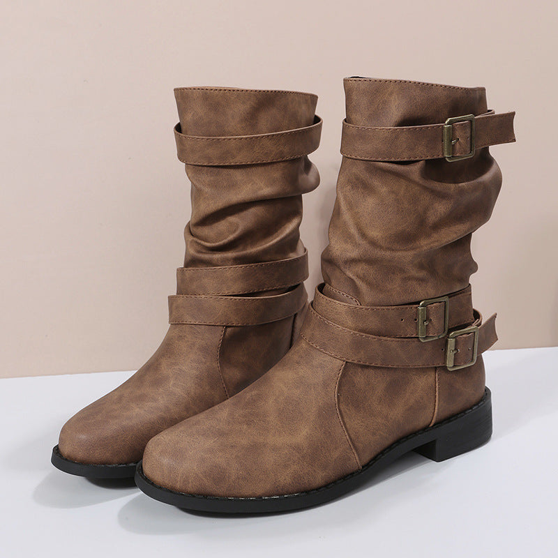 Sloane Luxe Slouch Boots – Buckle-Accented Mid-Calf Flat Boots