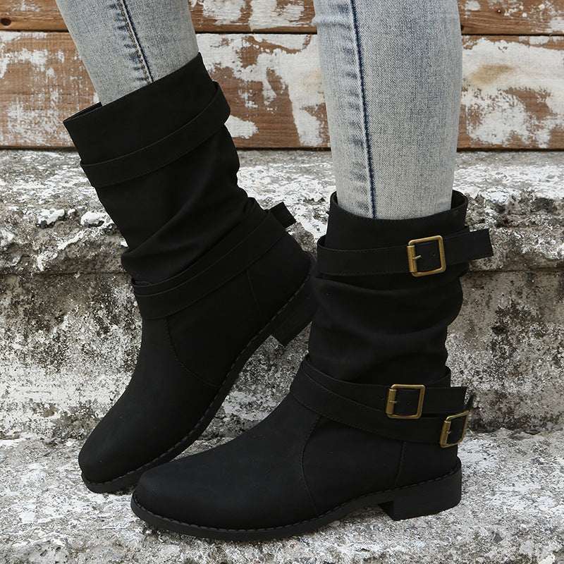 Sloane Luxe Slouch Boots – Buckle-Accented Mid-Calf Flat Boots