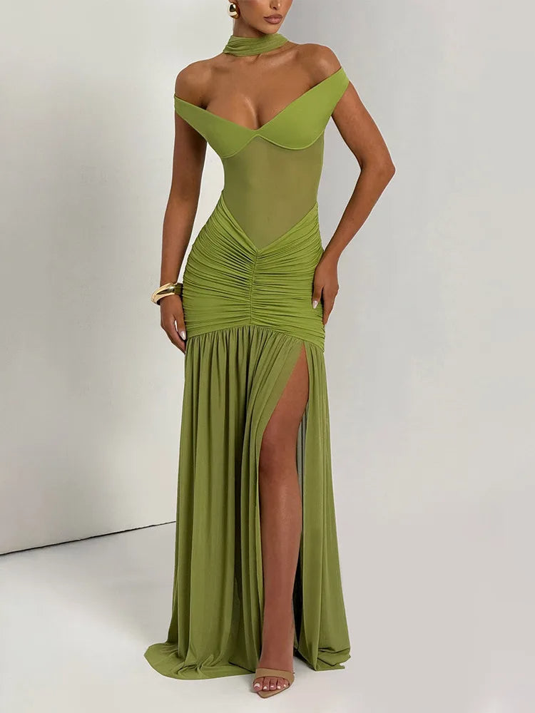 Bella Mesh Ruched Maxi Dress – Off Shoulder High Slit Gown