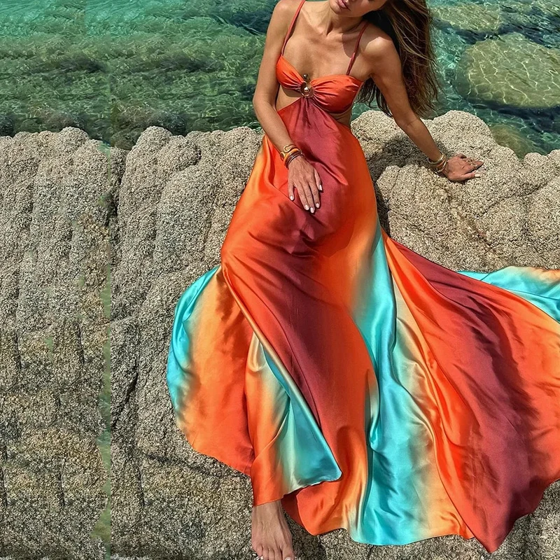 Saylor - Gradient Backless Sleeveless Sling Maxi Dress