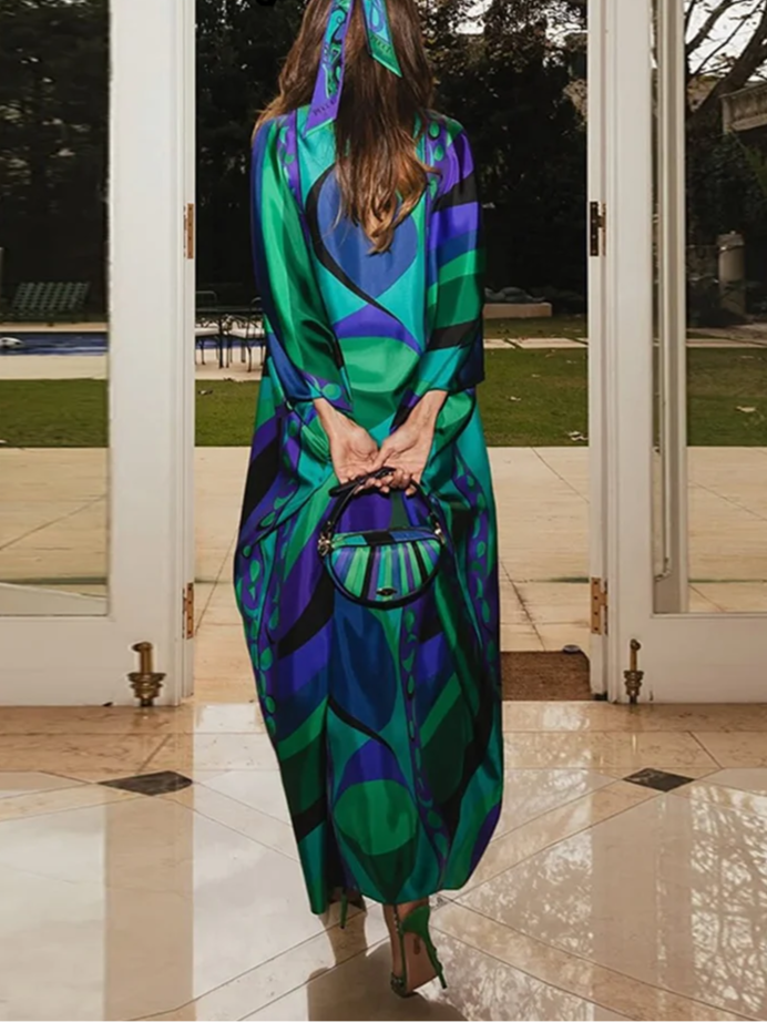 Psychedelic Swirling Iride Satin Kaftan