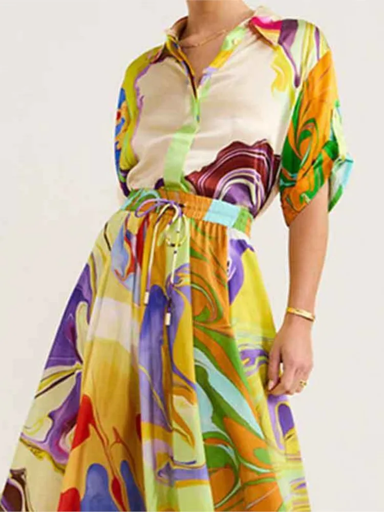 Anna Printed Satin Blouse Set