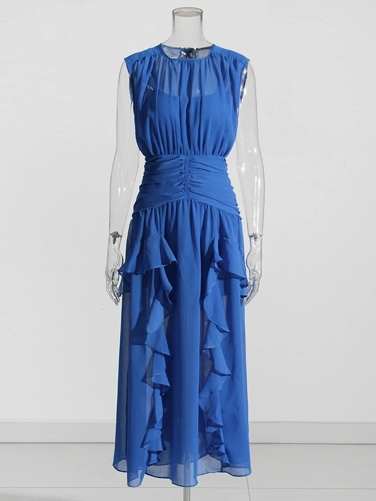 Eileen Pleated Round Neck Ruffle Maxi Dress