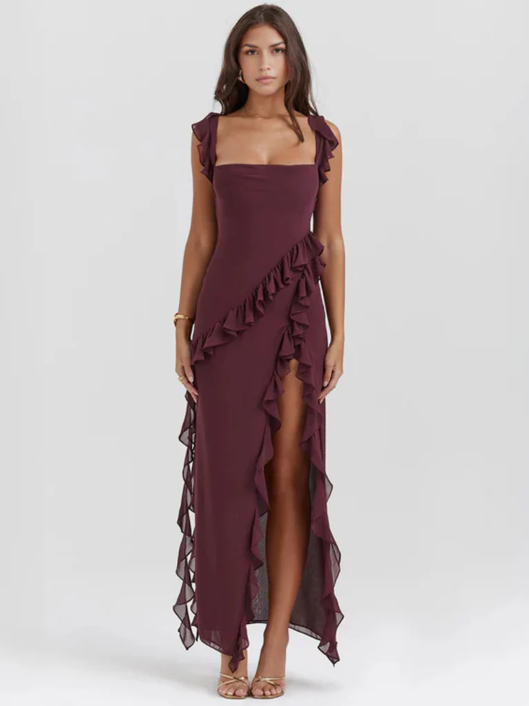 Amber Ruffle High-Slit Maxi Dress – Elegant Summer Statement Look