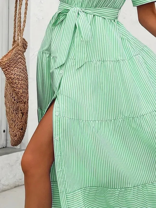 Coastal Stripe Edition – Maxi Striped Dress with Slit & Belt