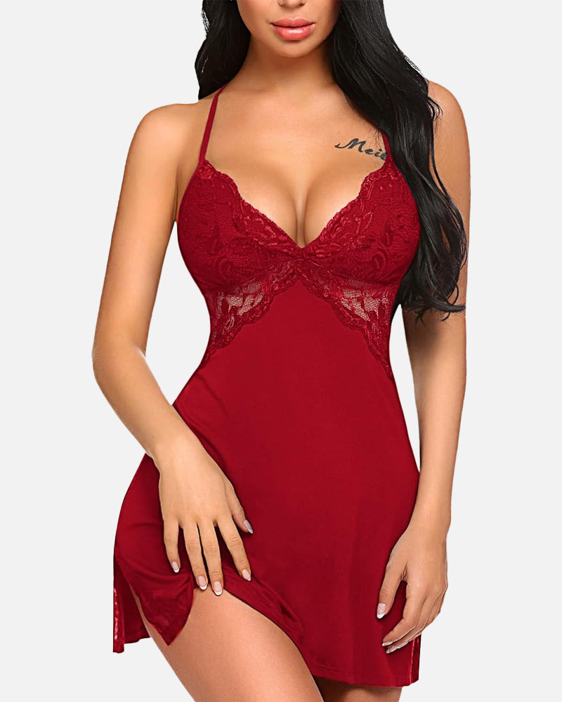 Camisón de Dormir con Abertura y Ribete de Encaje – Babydoll / Teddy Lencería