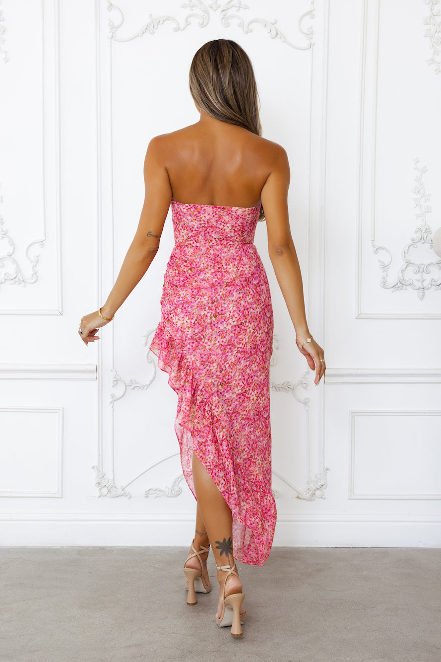 Dancing Dahlia Strapless Midi Dress | Romantic strapless dress with frill hem