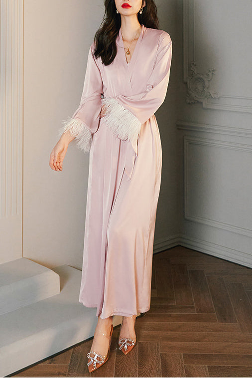 Feather Satin Kimono Robe