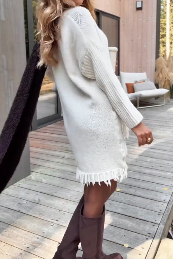 Women Casual Tassel Pocket Paneled Sleeve Sweater Dress