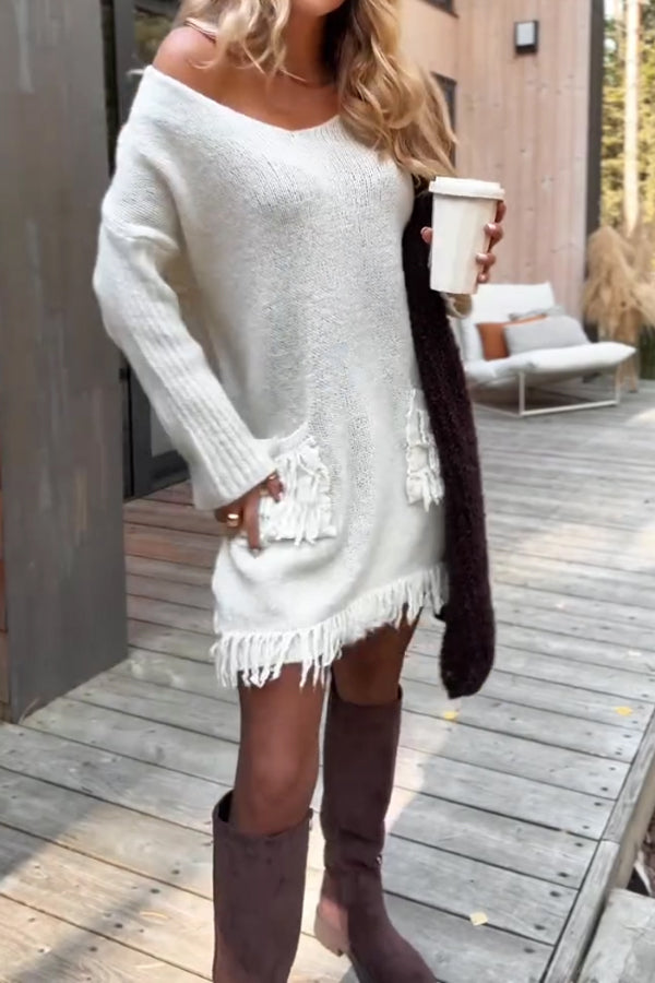 Women Casual Tassel Pocket Paneled Sleeve Sweater Dress