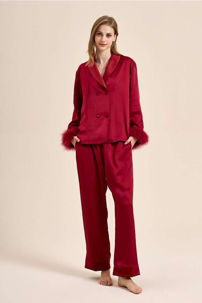 Feather Trim Red Pyjamas Set
