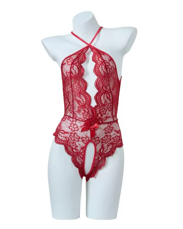 Pijama Femenino Sexy de Encaje con Apertura en la Entrepierna y Espalda Descubierta con Perlas