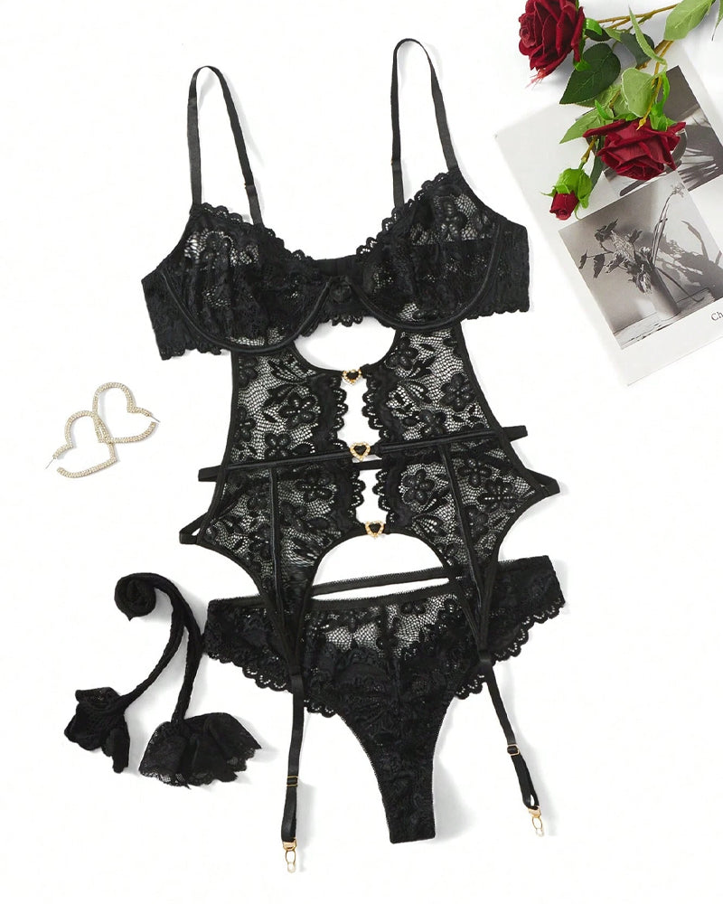 Conjunto de Lencería Sexy de Mujer – Body de Encaje Floral con Medias de Red y Liguero