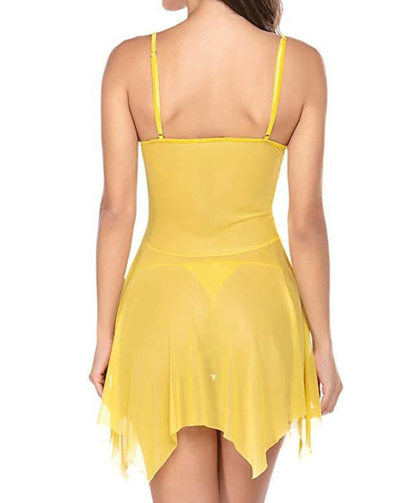 Conjunto de camisón con tirantes y tanga de encaje y malla con escote profundo en V e irregular en el dobladillo