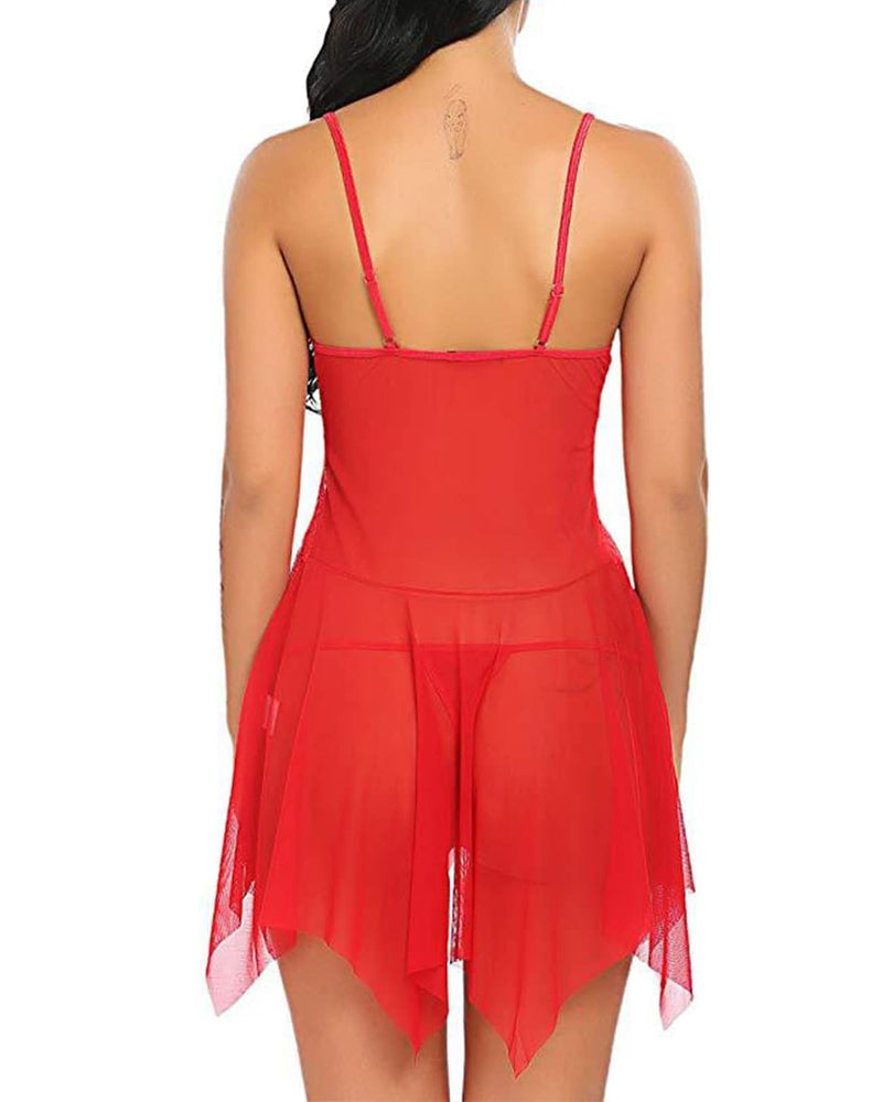 Conjunto de camisón con tirantes y tanga de encaje y malla con escote profundo en V e irregular en el dobladillo