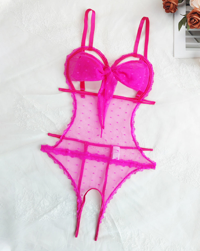 Body Pijama de Malla con Lunares, Encaje Floral y Entrepierna Abierta – Mujer