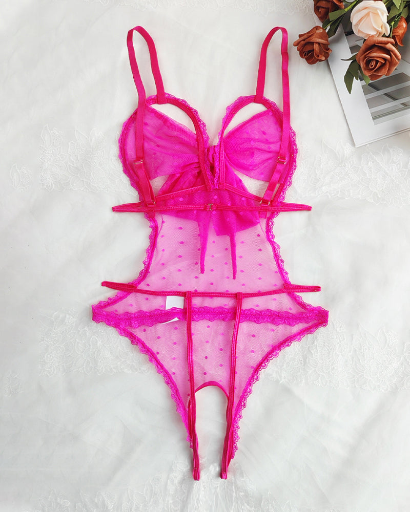 Body Pijama de Malla con Lunares, Encaje Floral y Entrepierna Abierta – Mujer