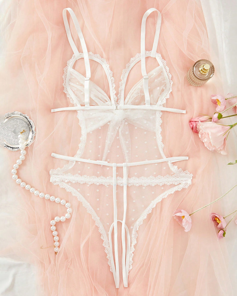 Body Pijama de Malla con Lunares, Encaje Floral y Entrepierna Abierta – Mujer